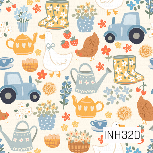 A charming farmhouse pattern featuring blue tractors, geese, chickens, floral rain boots, watering cans, teapots, flower pots, baskets of eggs, strawberries, and blooming garden flowers scattered across a soft cream background. The cozy countryside elements create a warm cottage garden and farm-fresh feel.
