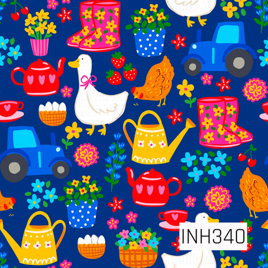 A vibrant farm-inspired pattern featuring geese, chickens, tractors, watering cans, teapots, flower pots, baskets of eggs, strawberries, cherries, and floral rain boots. Scattered across a rich navy blue background, the bold pink, yellow, blue, orange, and green palette creates a cheerful country garden scene with a playful folk-art charm.
