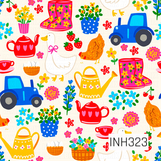 Colorful farmhouse-inspired pattern featuring tractors, ducks, chickens, watering cans, teapots, flower pots, rain boots, baskets, strawberries, and bright blooms. Designed in cheerful shades of blue, yellow, pink, red, and orange for a playful country garden feel.
