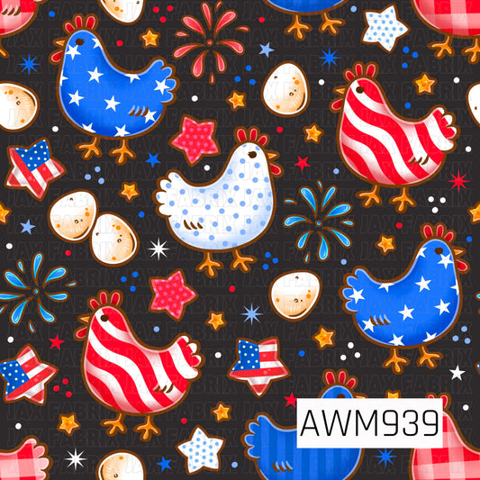 A patriotic fabric design featuring charming chickens decorated with stars, stripes, and polka dots in vibrant red, white, and blue against a bold black background. Scattered eggs, star shapes, fireworks, and festive Americana accents create a playful all-over print perfect for quilting cotton, faux leather, bows, apparel, accessories, and other sewing projects.

