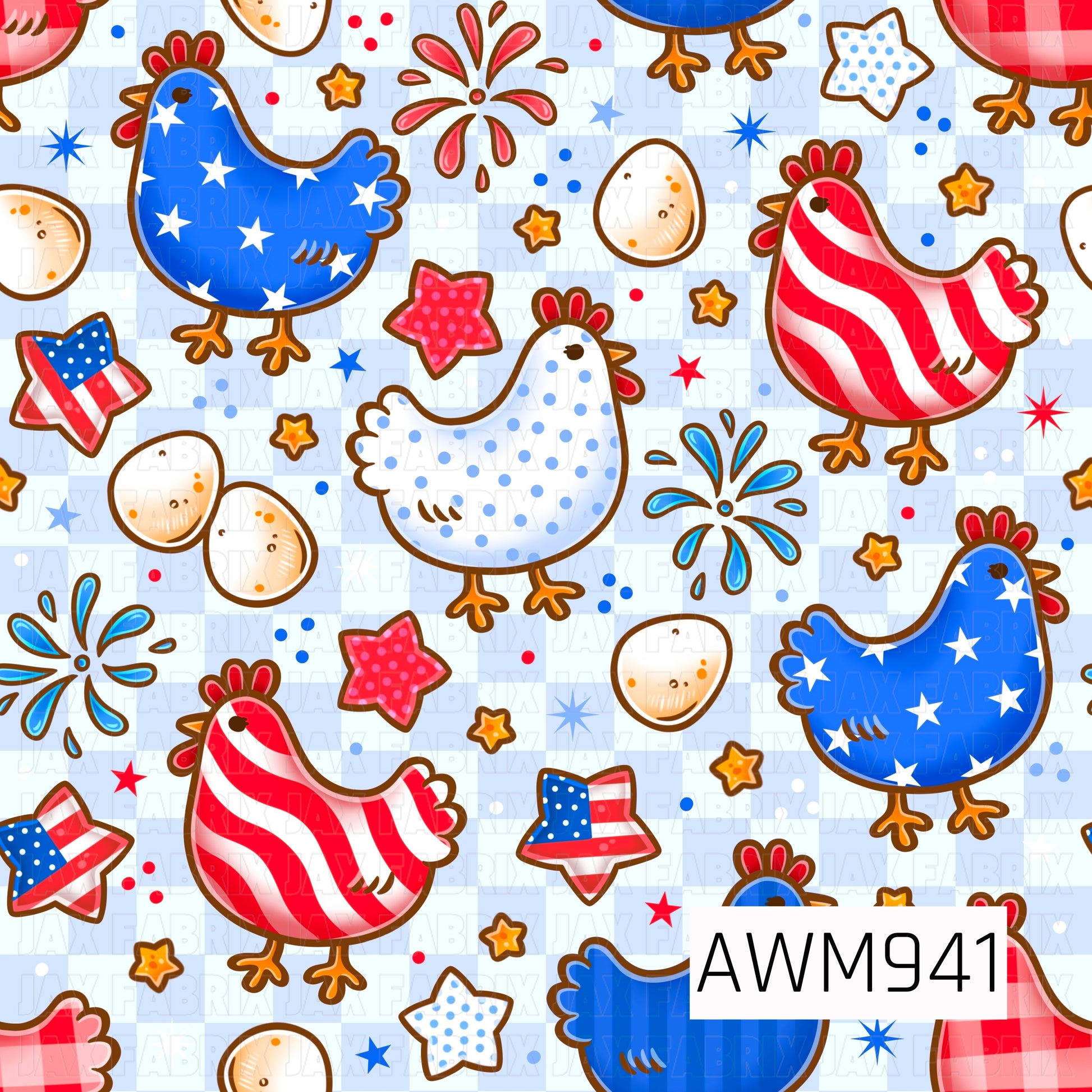 A patriotic fabric design featuring whimsical chickens decorated with stars, stripes, and polka dots in classic red, white, and blue. Scattered eggs, festive star accents, and firework-inspired details add playful charm, creating a cheerful Americana theme perfect for seasonal sewing, quilting, apparel, and craft fabric projects.
