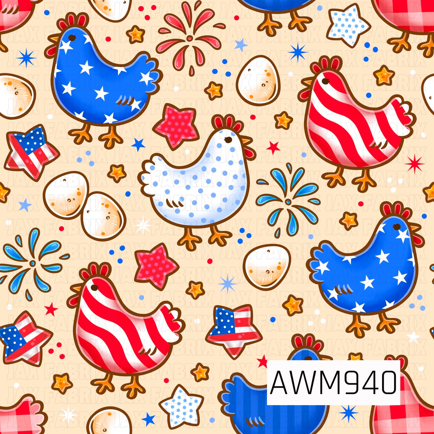 A patriotic fabric design featuring charming chickens decorated with stars, stripes, and polka dots in classic red, white, and blue on a soft cream background. Scattered eggs, star shapes, and festive firework accents create a fun Americana theme, making this print perfect for quilting, apparel, home décor, and seasonal sewing projects.
