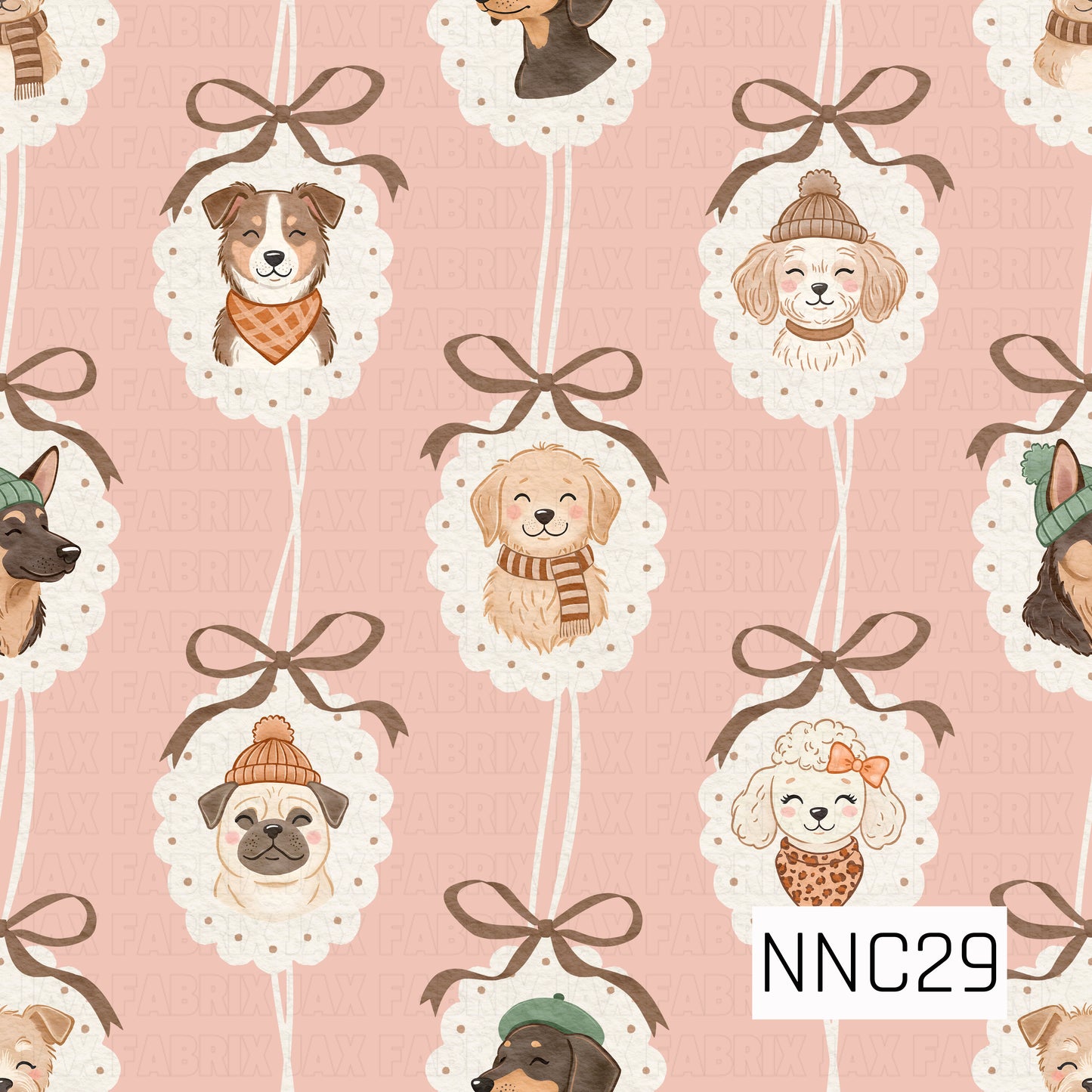 A sweet watercolor pattern featuring cozy pups in winter hats, scarves, bandanas, and bows, framed inside dotted cream scallops tied with brown ribbons on a soft blush-pink background.
