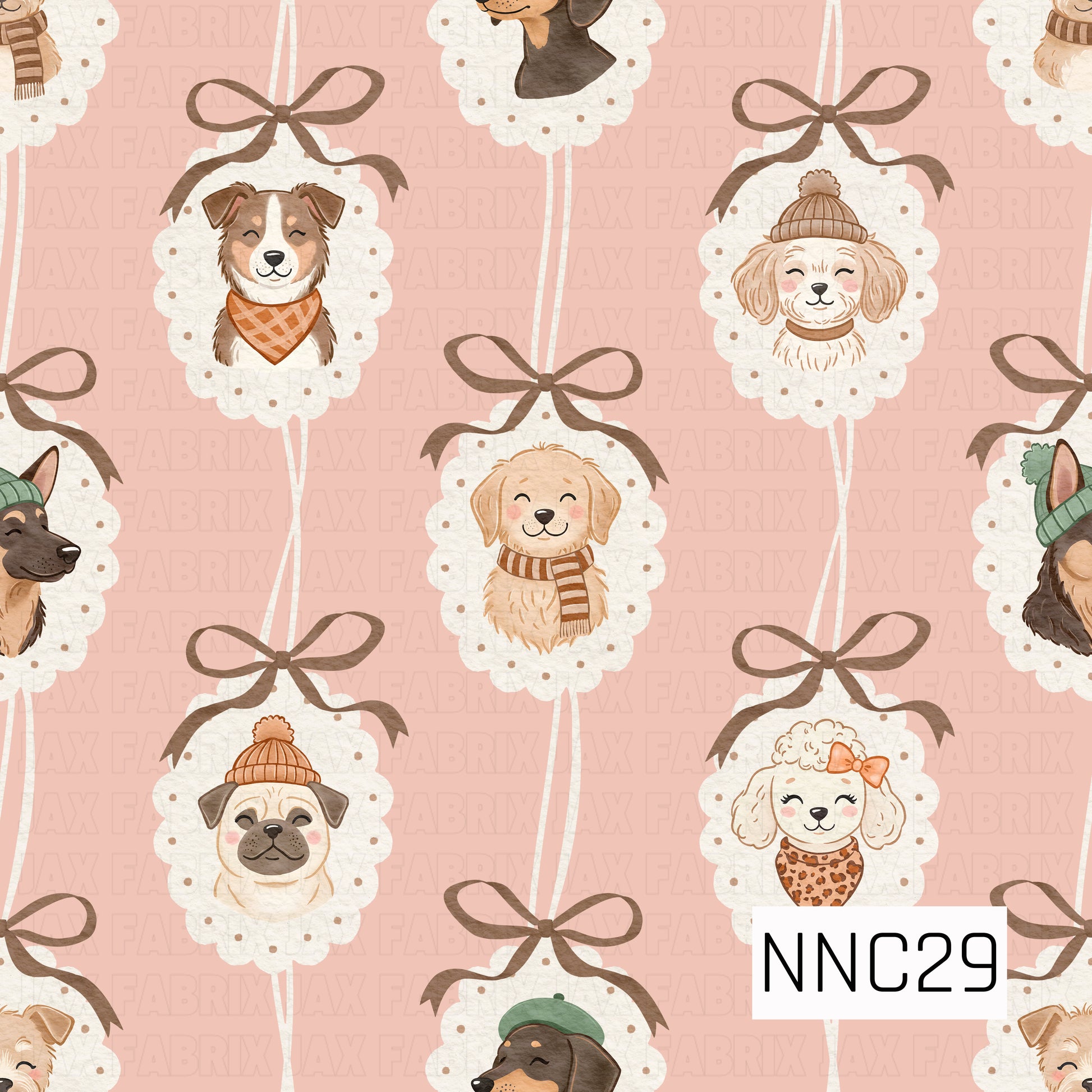 A sweet watercolor pattern featuring cozy pups in winter hats, scarves, bandanas, and bows, framed inside dotted cream scallops tied with brown ribbons on a soft blush-pink background.
