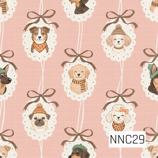 A sweet watercolor pattern featuring cozy pups in winter hats, scarves, bandanas, and bows, framed inside dotted cream scallops tied with brown ribbons on a soft blush-pink background.
