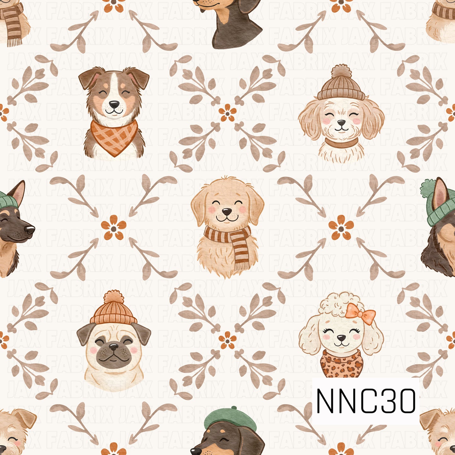 A sweet watercolor pattern featuring cozy pups dressed in winter hats, scarves, bandanas, and bows, arranged among taupe leafy sprigs and tiny burnt-orange flowers on a warm cream background.
