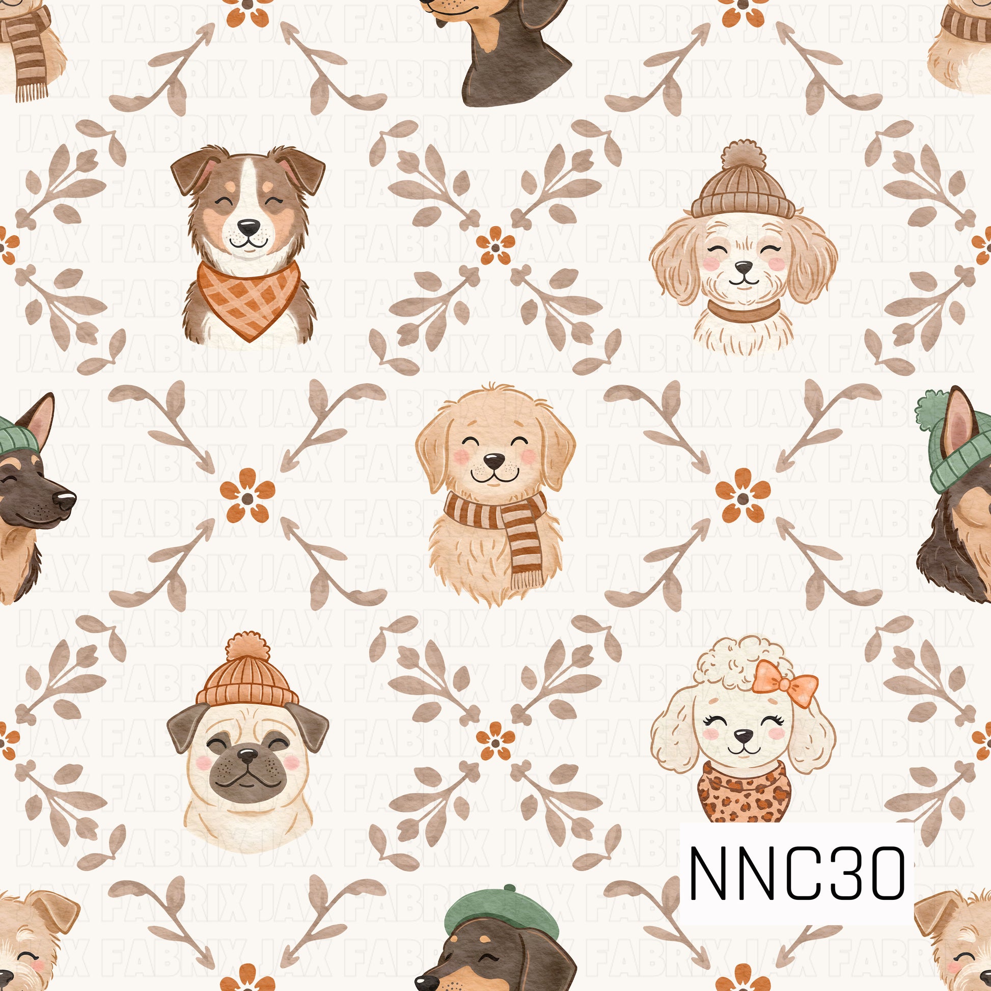 A sweet watercolor pattern featuring cozy pups dressed in winter hats, scarves, bandanas, and bows, arranged among taupe leafy sprigs and tiny burnt-orange flowers on a warm cream background.
