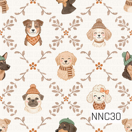 A sweet watercolor pattern featuring cozy pups dressed in winter hats, scarves, bandanas, and bows, arranged among taupe leafy sprigs and tiny burnt-orange flowers on a warm cream background.

