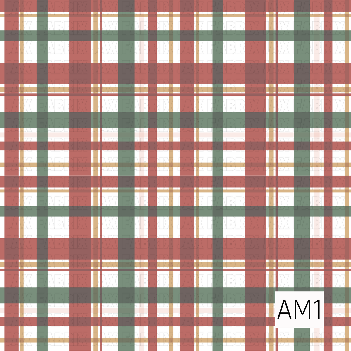 A classic holiday plaid featuring wide muted red and evergreen stripes layered with thin golden tan accent lines on a soft cream background. The slightly faded color palette gives it a cozy, vintage-inspired Christmas feel.
