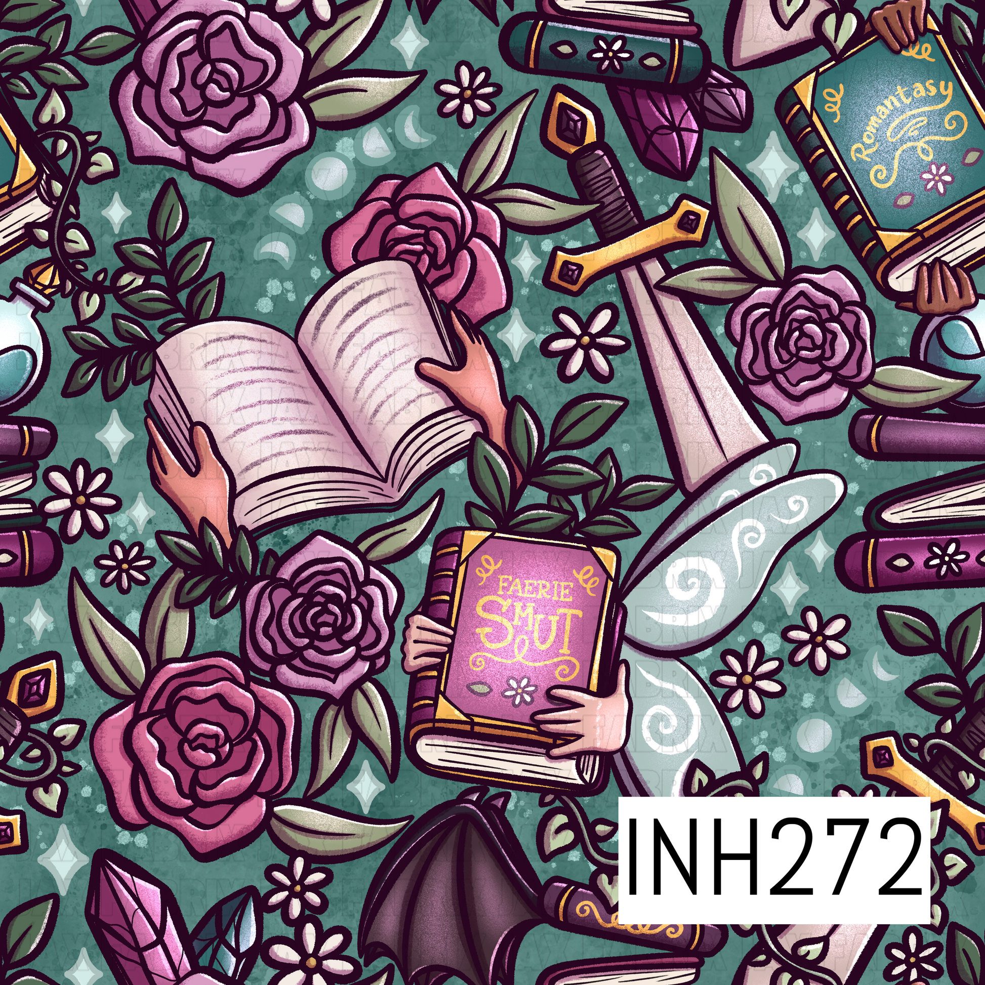 Colorful pattern with smut books, flowers, and fantasy elements on a teal background.