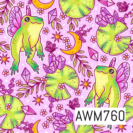 A whimsical seamless pattern featuring adorable fairy frogs, sparkling crystals, lily pads, crescent moons, butterflies, delicate flowers, and leafy vines in vibrant shades of lime green, lavender, pink, and golden yellow, all set against a soft pastel pink background. The enchanting artwork creates a magical fairycore-inspired design with a playful, dreamy feel.