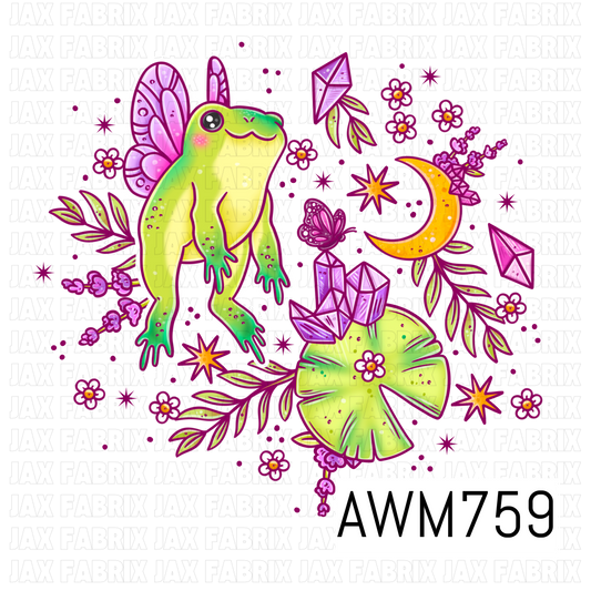 A whimsical PNG featuring an adorable fairy frog with butterfly wings surrounded by sparkling crystals, lily pads, crescent moons, butterflies, delicate flowers, and leafy vines in vibrant shades of lime green, lavender, pink, and golden yellow. Perfect for custom apparel, bags, stickers, tumblers, journals, stationery, nursery décor, and other fairycore-inspired handmade creations.