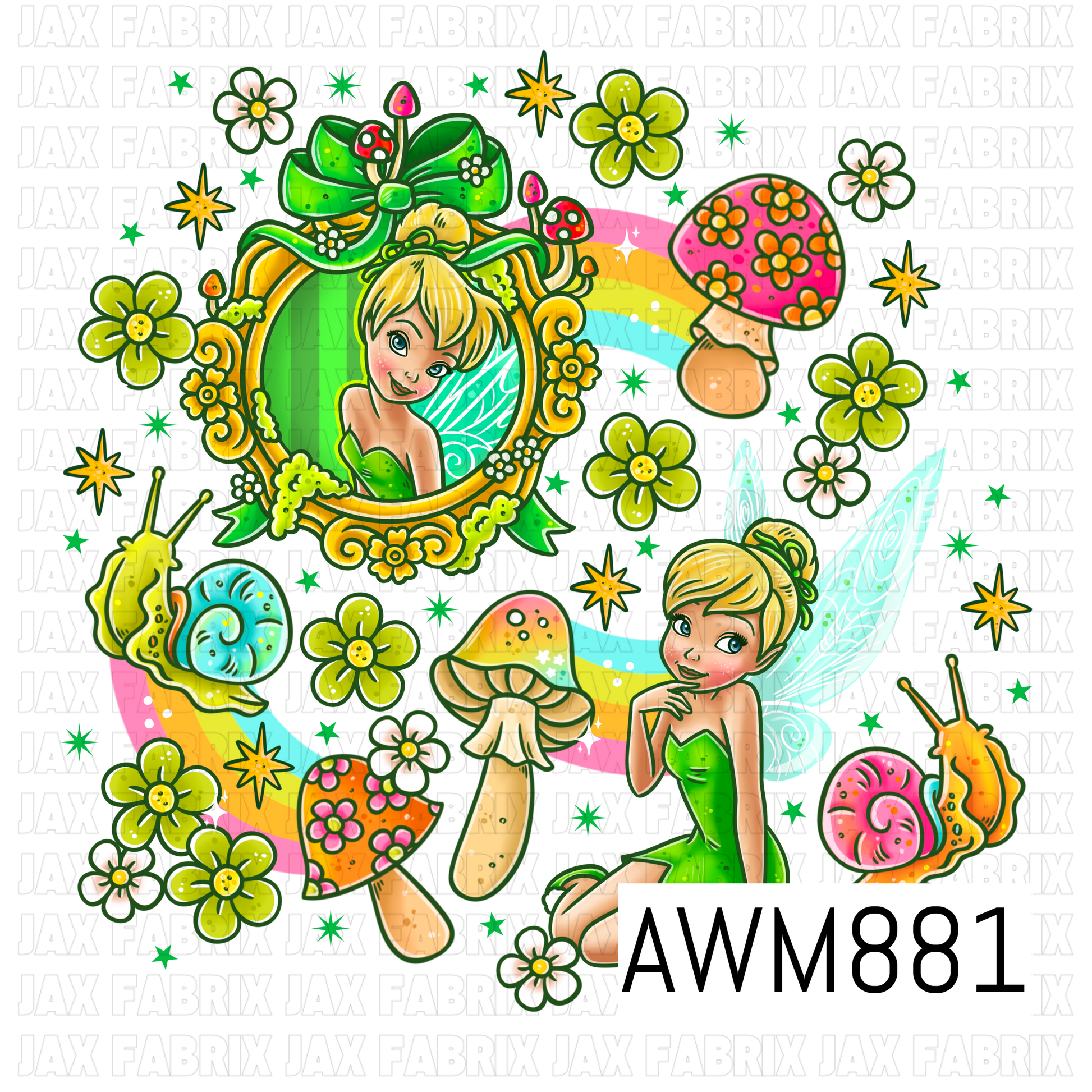 Enchanting fairy-themed PNG clipart bundle featuring a blonde fairy in a sparkling green dress, framed portrait artwork, pastel rainbow accents, whimsical mushrooms, colorful snails, blooming flowers, and twinkling stars. Designed on a transparent background, this magical collection combines vibrant greens, pinks, yellows, and soft pastel details, making it perfect for fantasy-inspired projects, woodland themes, and coordinating custom creations.