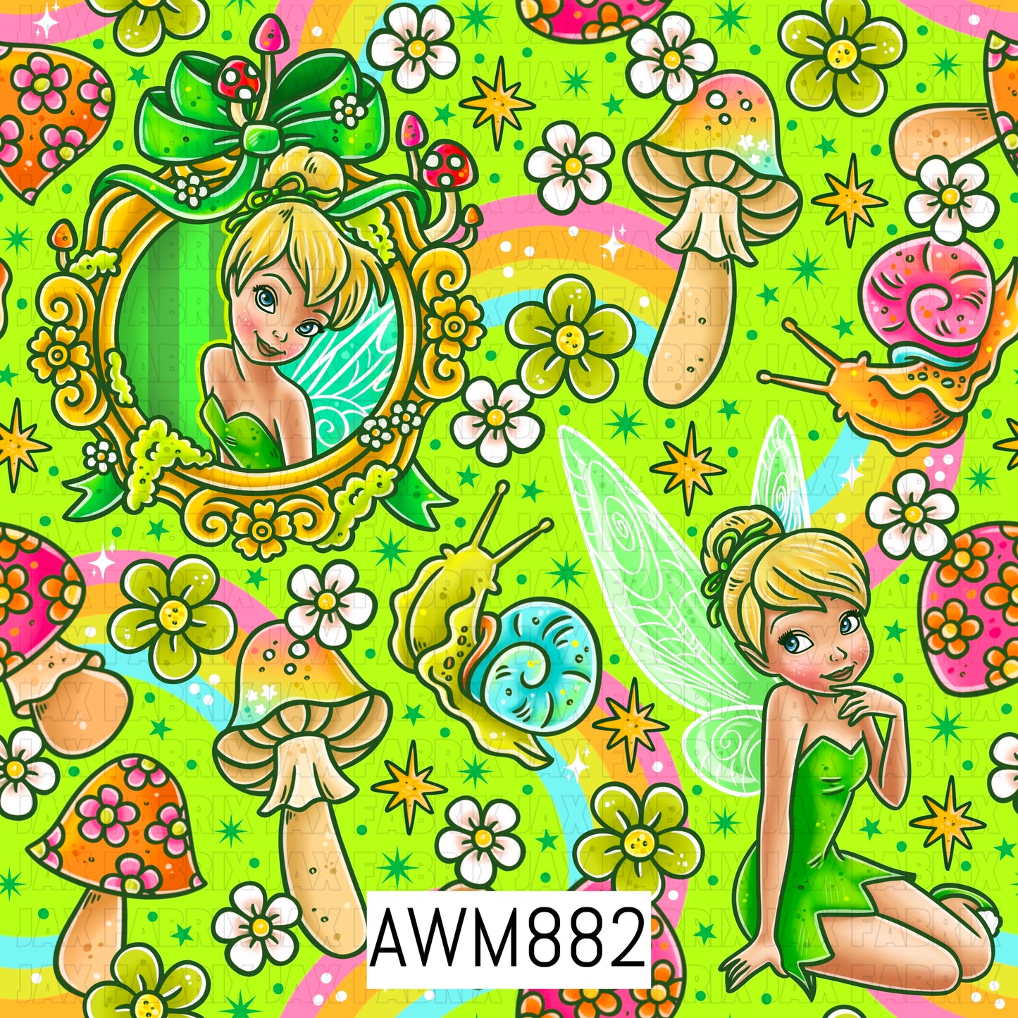 Whimsical fairy-inspired seamless pattern featuring a charming blonde fairy in a sparkling green dress, surrounded by pastel mushrooms, colorful snails, blooming flowers, and twinkling stars. Set on a vibrant lime green background with soft rainbow accents, this enchanting design combines woodland magic, garden charm, and bright spring colors for a playful fantasy-themed look.