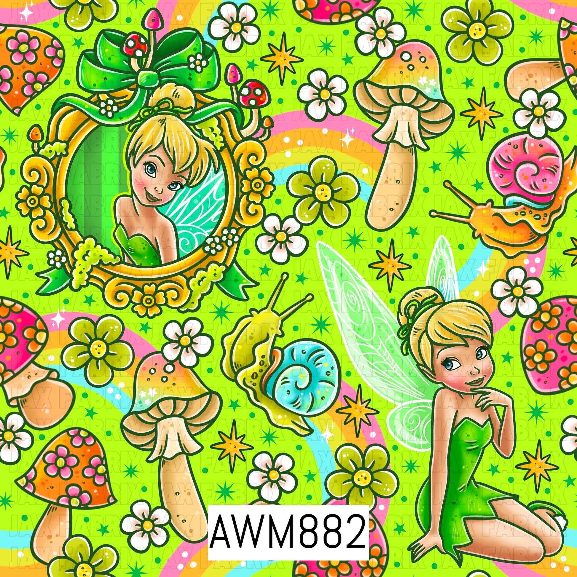 Whimsical fairy-inspired seamless pattern featuring a charming blonde fairy in a sparkling green dress, surrounded by pastel mushrooms, colorful snails, blooming flowers, and twinkling stars. Set on a vibrant lime green background with soft rainbow accents, this enchanting design combines woodland magic, garden charm, and bright spring colors for a playful fantasy-themed look.