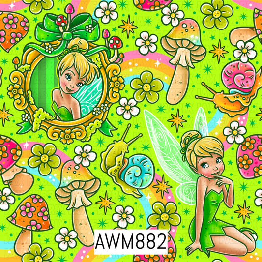 Whimsical fairy-inspired seamless pattern featuring a charming blonde fairy in a sparkling green dress, surrounded by pastel mushrooms, colorful snails, blooming flowers, and twinkling stars. Set on a vibrant lime green background with soft rainbow accents, this enchanting design combines woodland magic, garden charm, and bright spring colors for a playful fantasy-themed look.