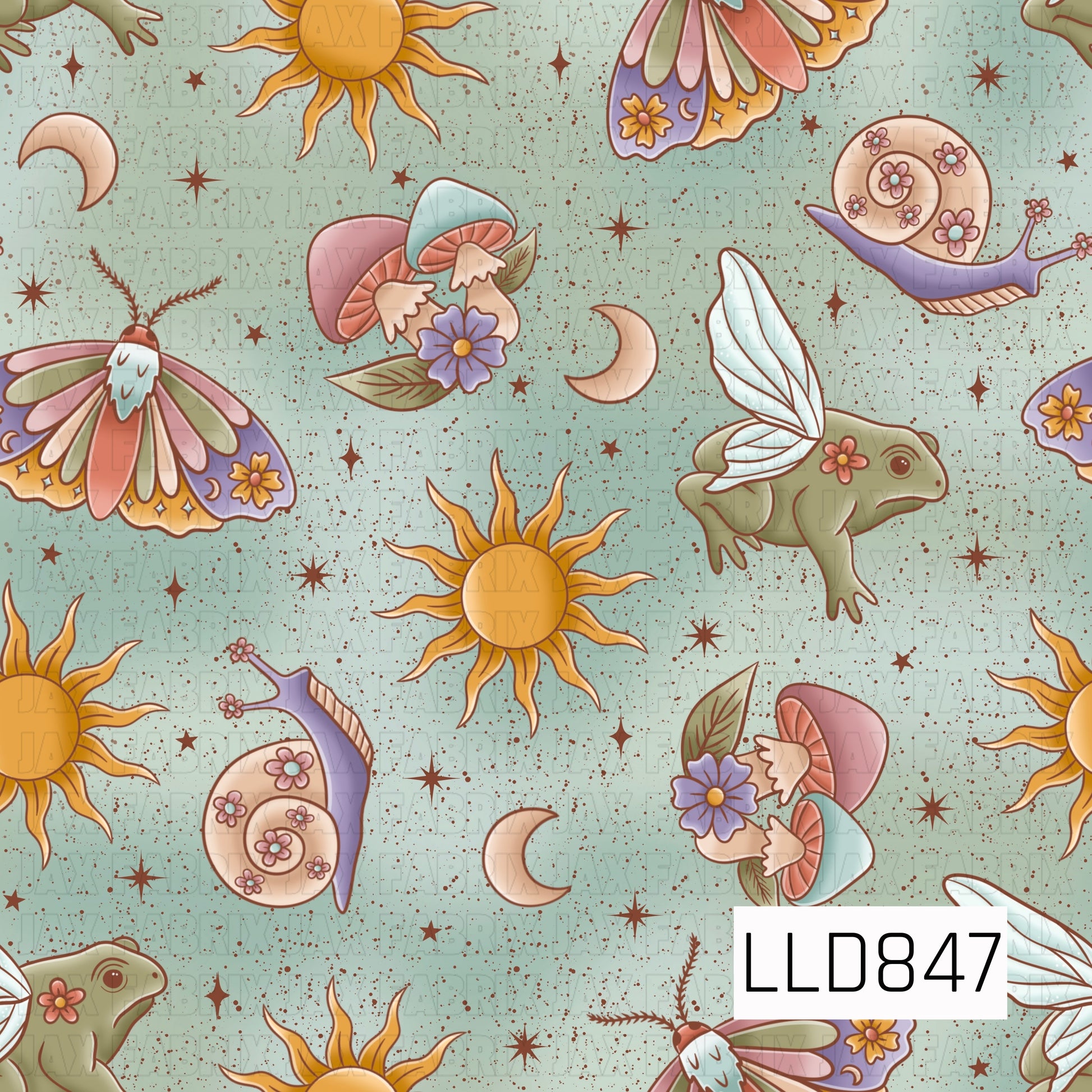 A whimsical seamless pattern featuring golden suns, crescent moons, pastel moths, fairy frogs with delicate wings, floral mushrooms, snails, and scattered stars on a soft sage green speckled background.
