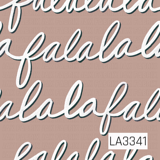 A festive “fa la la” pattern featuring oversized white script with a deep green shadow on a warm dusty taupe background.
