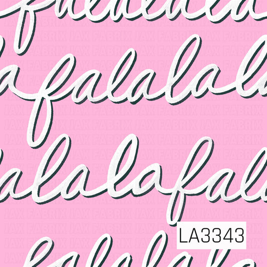 A festive “fa la la” pattern featuring oversized white script with a deep green shadow on a soft pink background.
