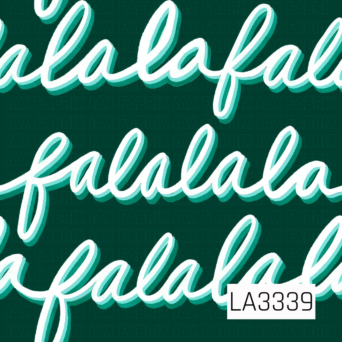 A festive holiday pattern featuring oversized “fa la la” lettering in flowing white script with layered mint and teal shadows on a rich emerald green background.
