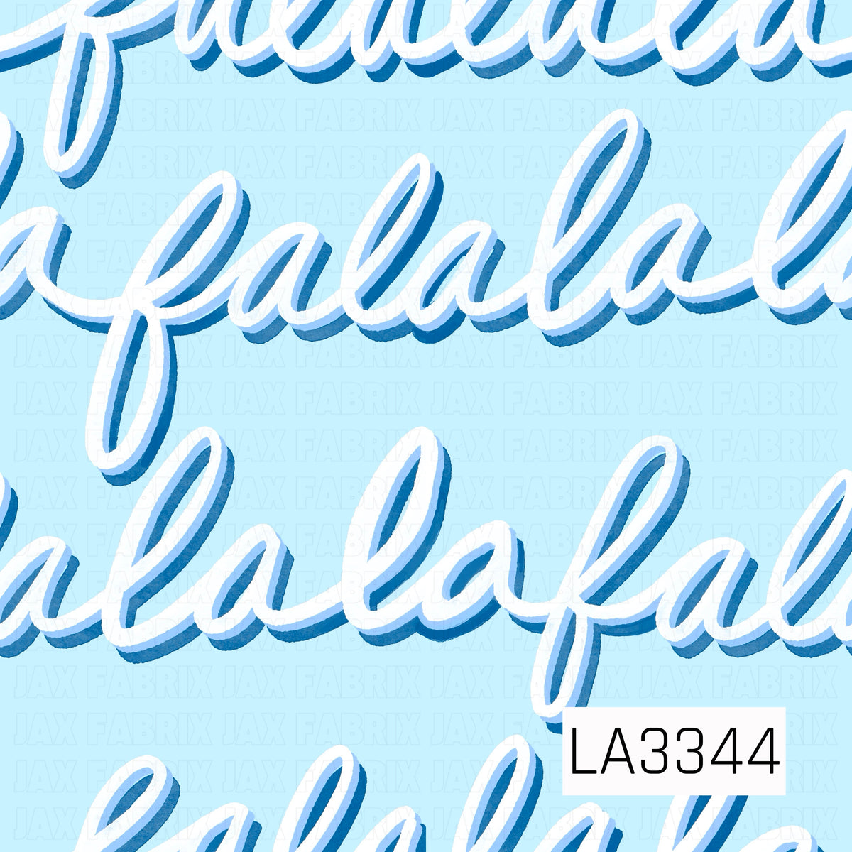 A festive “fa la la” pattern featuring oversized white script with layered blue shadows on a soft icy blue background.
