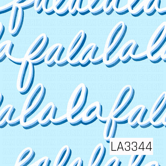 A festive “fa la la” pattern featuring oversized white script with layered blue shadows on a soft icy blue background.
