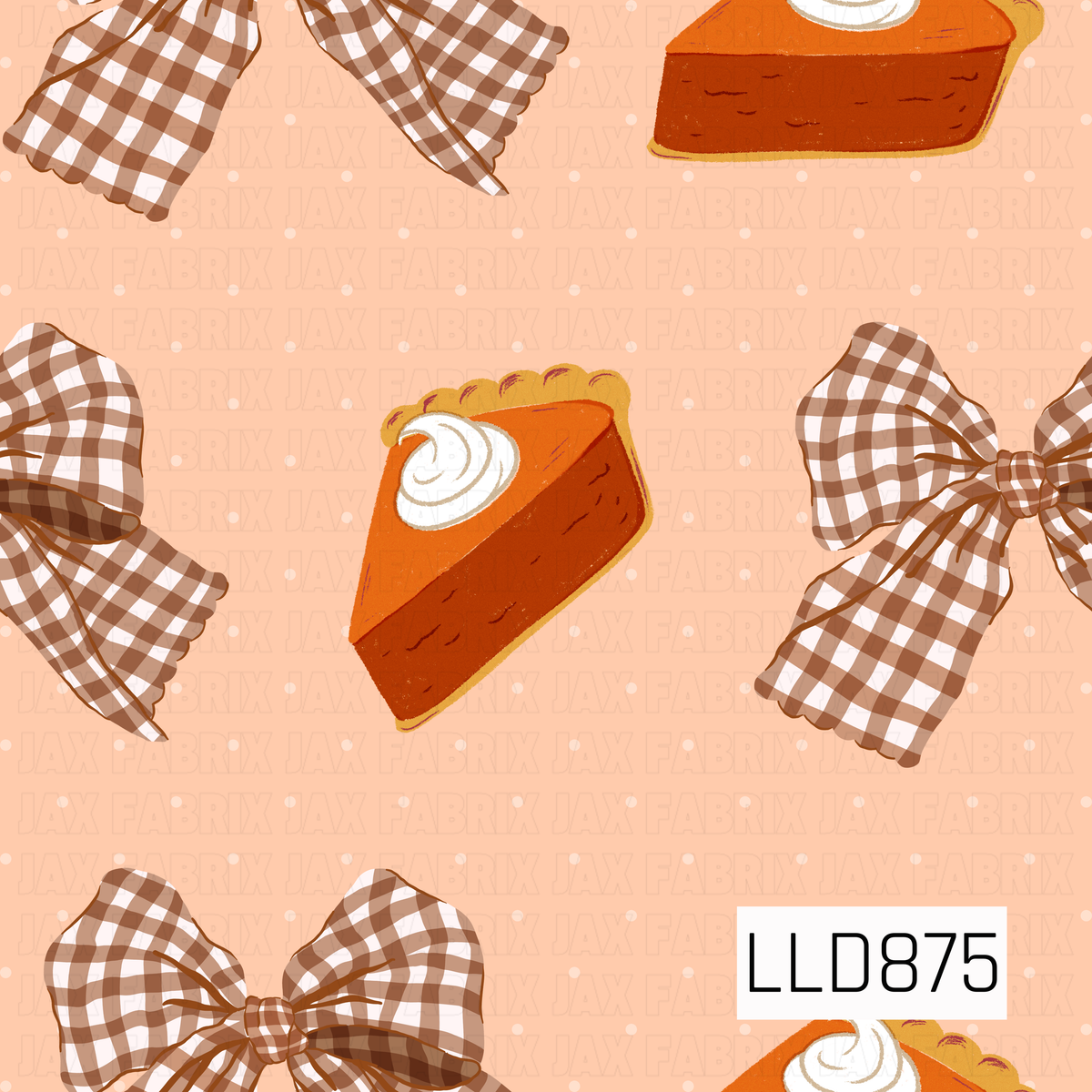 A sweet fall-inspired pattern featuring slices of pumpkin pie topped with whipped cream and oversized brown gingham bows. Set against a soft peach background with tiny cream polka dots, the design has a cozy, feminine Thanksgiving feel.
