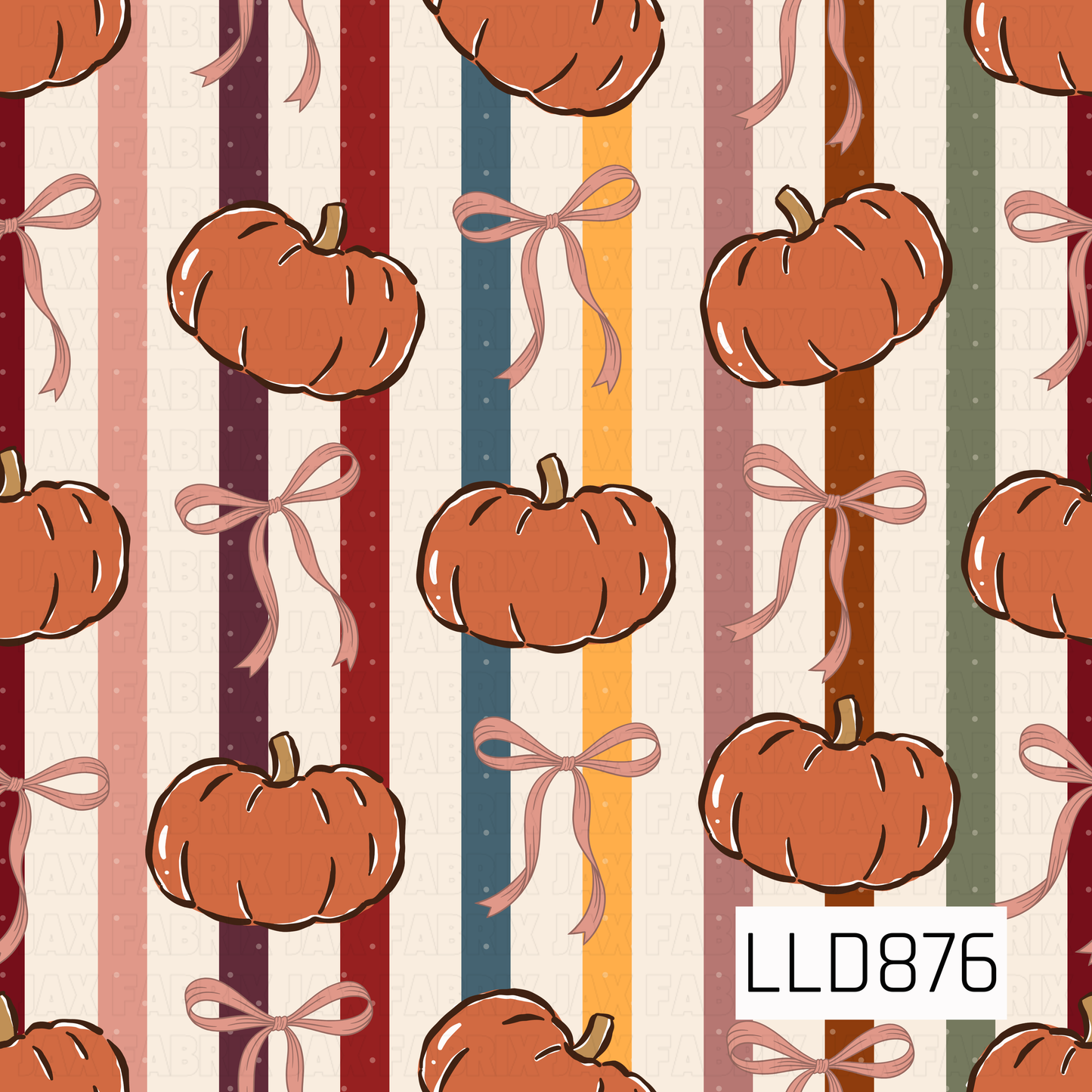 A playful fall pattern featuring hand-drawn orange pumpkins and delicate pink bows scattered across colorful vertical stripes. The warm mix of rust, burgundy, mustard, dusty blue, blush, and olive gives the design a cozy retro autumn feel.
