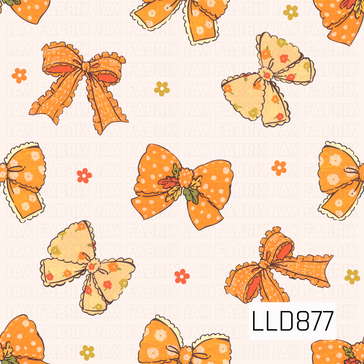 A playful fall bow pattern featuring hand-drawn bows in warm orange and soft cream tones. The bows are decorated with dainty florals, polka dots, ruffled edges, and autumn-inspired details, with tiny scattered flowers adding a sweet finishing touch against a creamy background.
