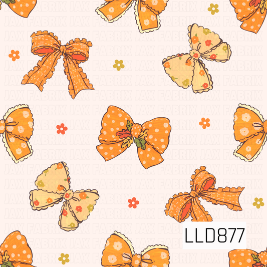 A playful fall bow pattern featuring hand-drawn bows in warm orange and soft cream tones. The bows are decorated with dainty florals, polka dots, ruffled edges, and autumn-inspired details, with tiny scattered flowers adding a sweet finishing touch against a creamy background.
