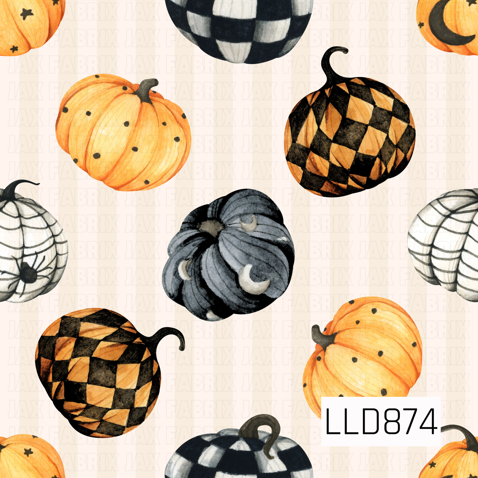 A whimsical Halloween pumpkin pattern featuring watercolor-style pumpkins in orange, black, and cream. The pumpkins are decorated with playful checkerboard patterns, polka dots, crescent moons, stars, and spiderwebs, creating a fun mix of spooky and whimsical fall details.
