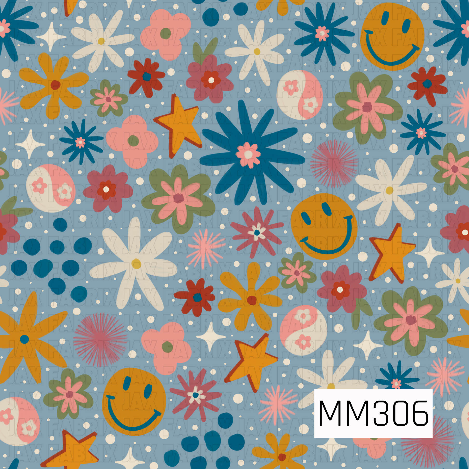 A cheerful seamless pattern featuring retro flowers, smiley faces, stars, sparkles, and playful polka dots scattered across a soft dusty blue background. With shades of mustard, coral, blush pink, olive green, teal, and cream, this whimsical design brings a fun groovy feel that's perfect for fall, Halloween, and vintage-inspired seasonal collections.
