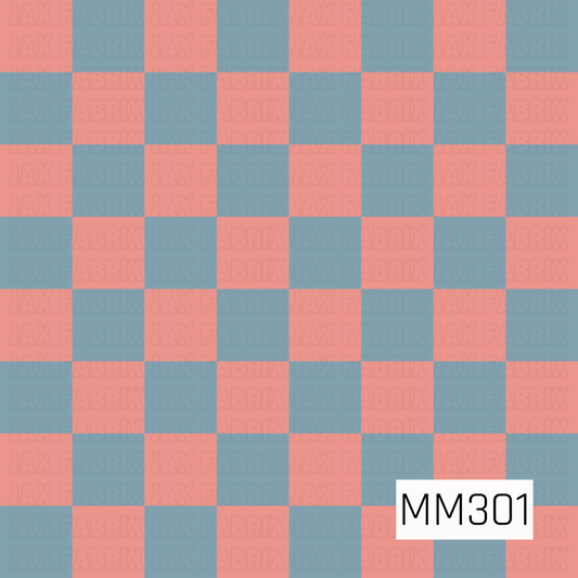 A classic seamless checkerboard pattern featuring alternating soft coral pink and dusty blue squares. This playful color combination adds a fun vintage touch, making it a perfect coordinating print for Halloween, fall, and whimsical seasonal collections.
