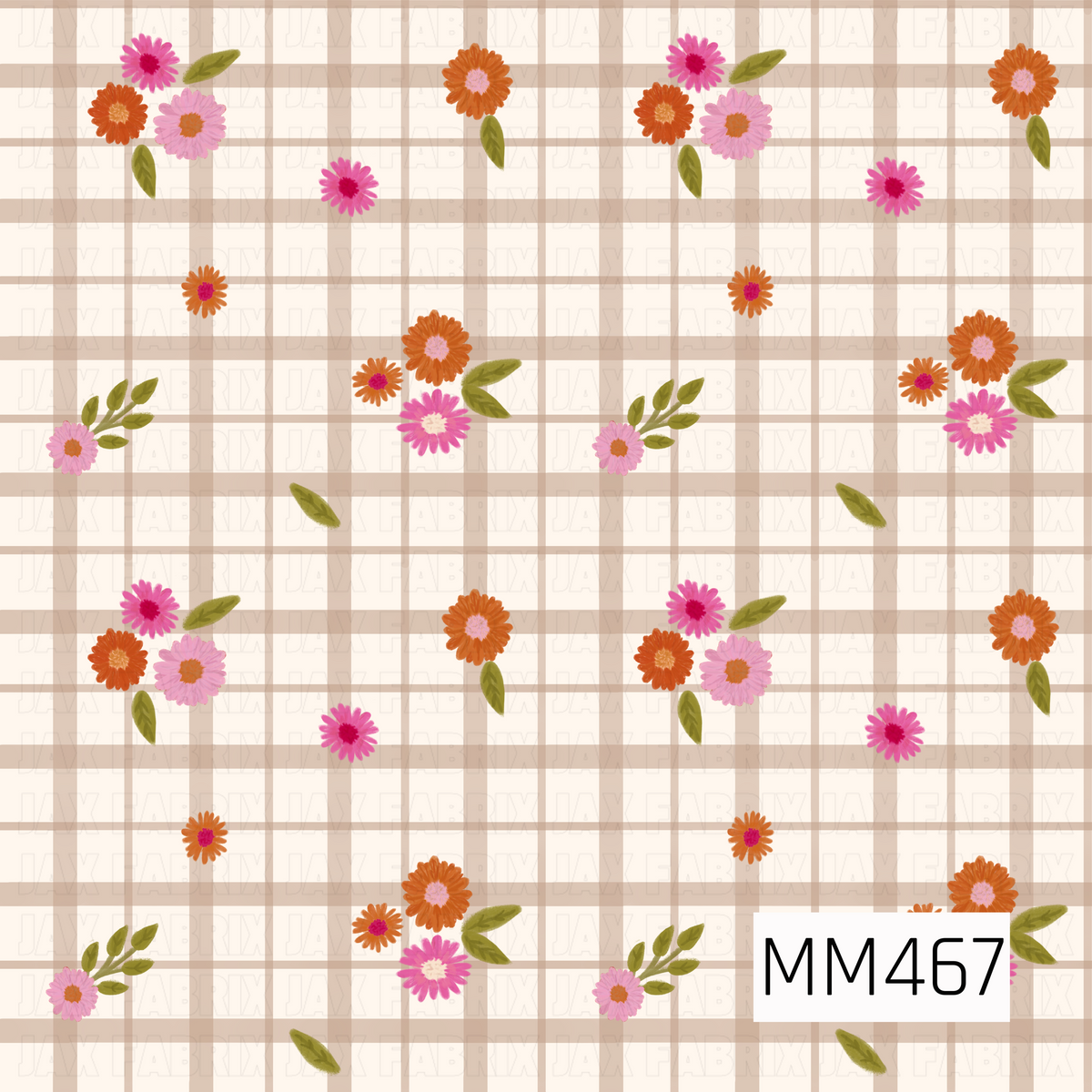 A cheerful fall floral plaid featuring a warm ivory background layered with soft beige and taupe lines in a classic oversized plaid. Scattered throughout are loosely painted wildflower clusters in bright pink, soft blush, burnt orange, and warm rust, accented by muted olive green leaves. The mix of delicate florals and neutral plaid gives the design a cozy, vintage-inspired feel with a bright and playful autumn color palette.