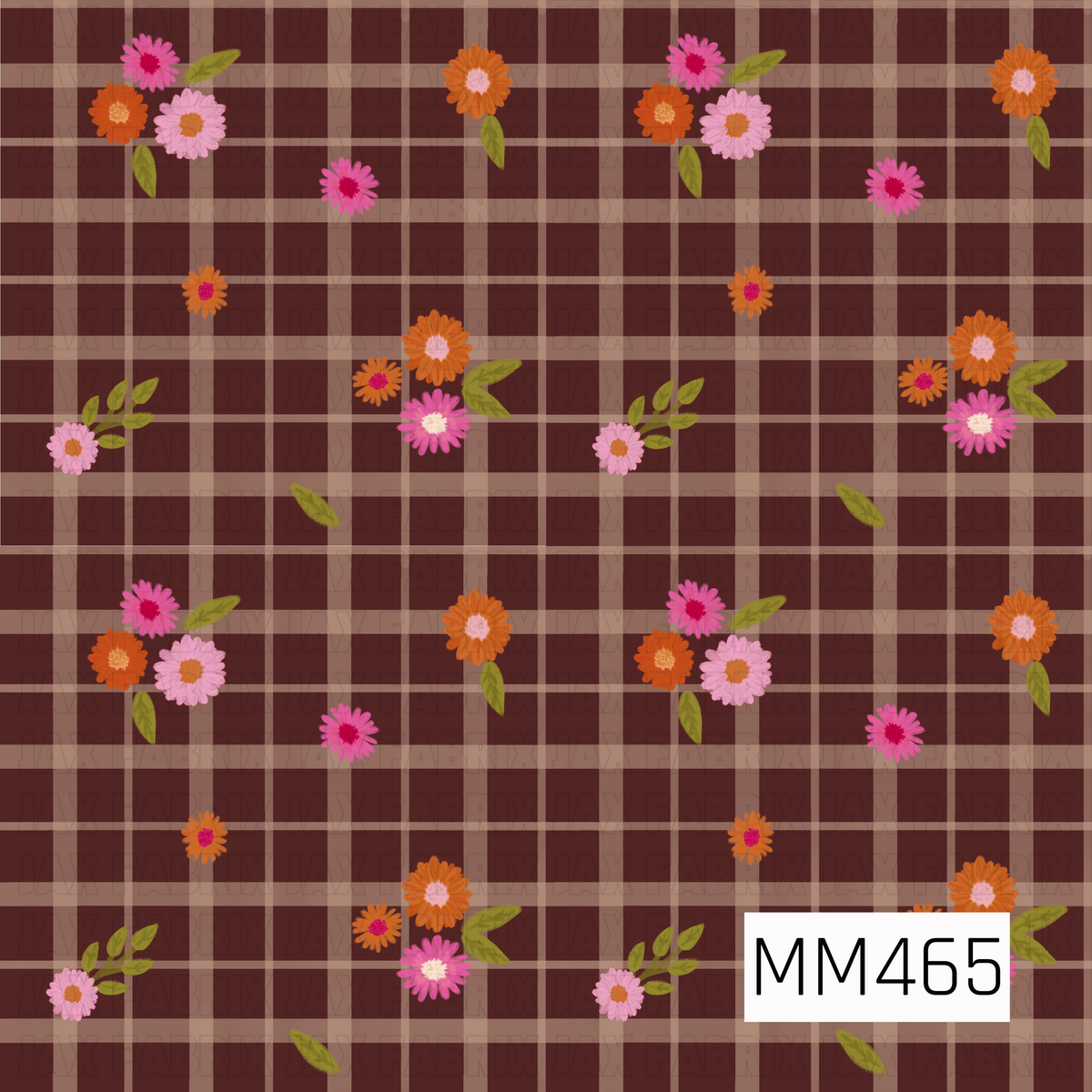 A cozy fall floral plaid featuring a deep chocolate brown background layered with warm taupe and cream intersecting lines. Scattered clusters of hand-painted flowers in vibrant pink, blush, burnt orange, and rust are accented with olive green leaves, creating a warm vintage-inspired autumn look.