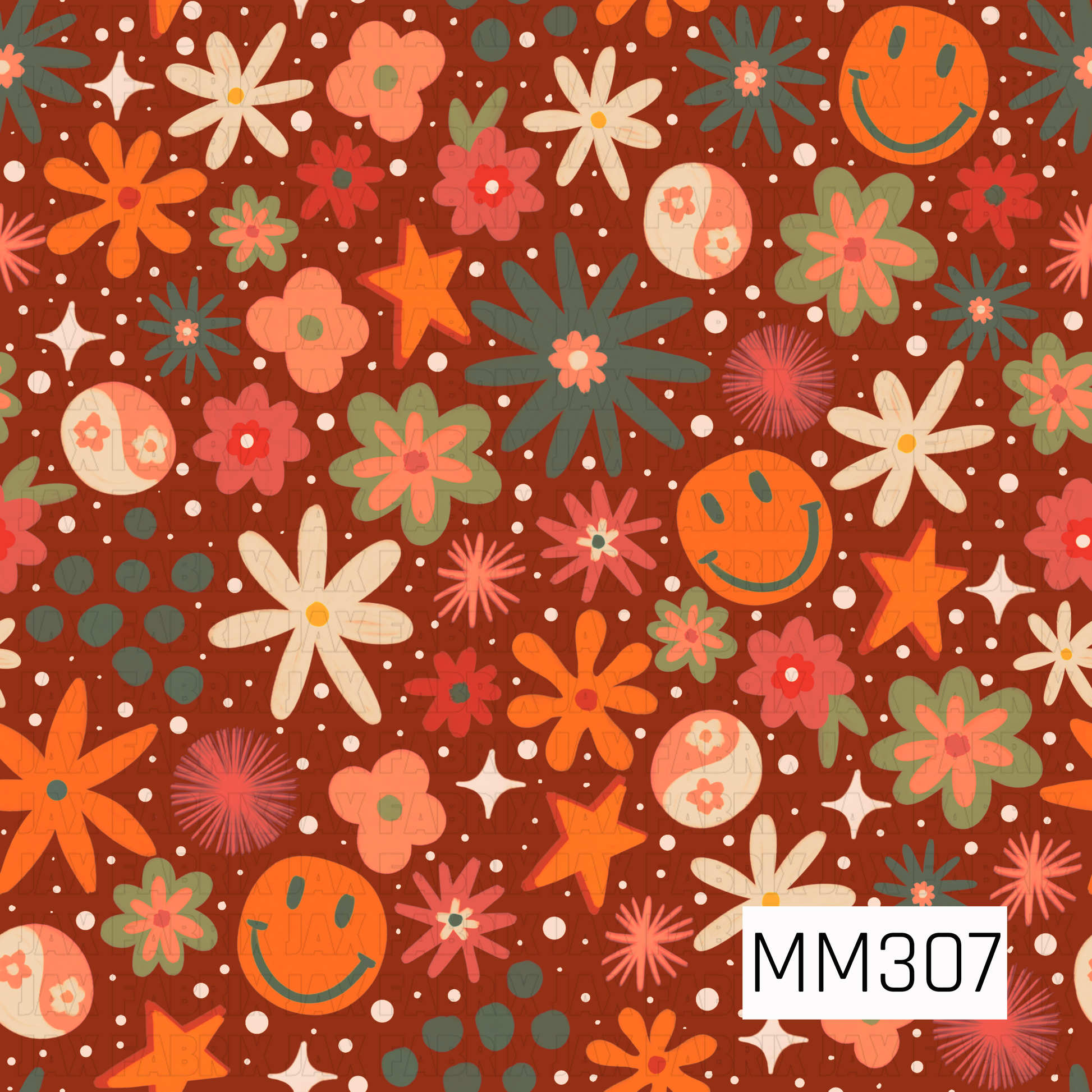 A vibrant seamless pattern featuring retro flowers, smiley faces, stars, sparkles, and playful polka dots scattered across a rich rust brown background. Filled with warm shades of orange, coral, sage green, cream, and muted pink, this whimsical design brings cozy vintage charm that's perfect for fall, harvest, and Halloween-inspired collections.
