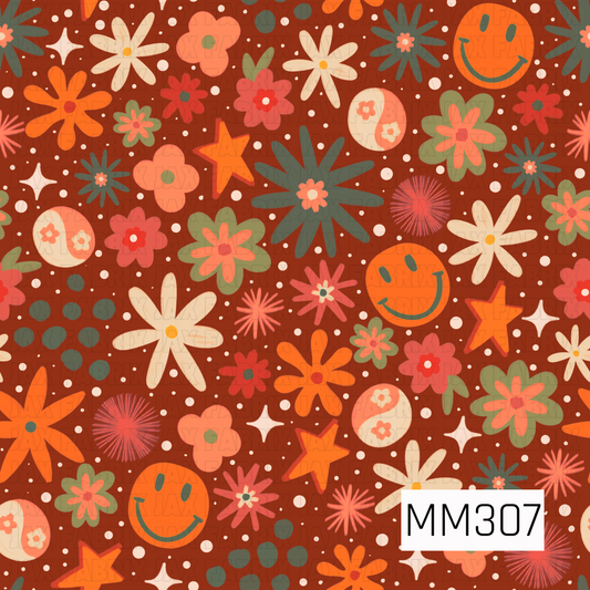 A vibrant seamless pattern featuring retro flowers, smiley faces, stars, sparkles, and playful polka dots scattered across a rich rust brown background. Filled with warm shades of orange, coral, sage green, cream, and muted pink, this whimsical design brings cozy vintage charm that's perfect for fall, harvest, and Halloween-inspired collections.
