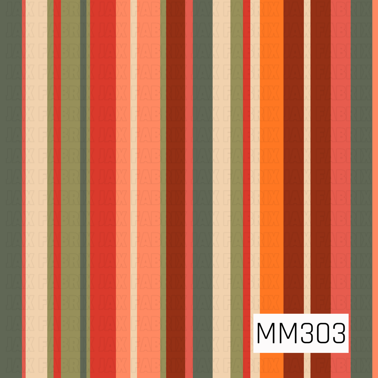 A seamless vertical stripe pattern featuring warm olive green, cream, coral, bright orange, rust, terracotta, and deep brown tones. The varied stripe widths create a bold retro aesthetic, making this a perfect coordinating print for fall, harvest, and Halloween-inspired collections.
