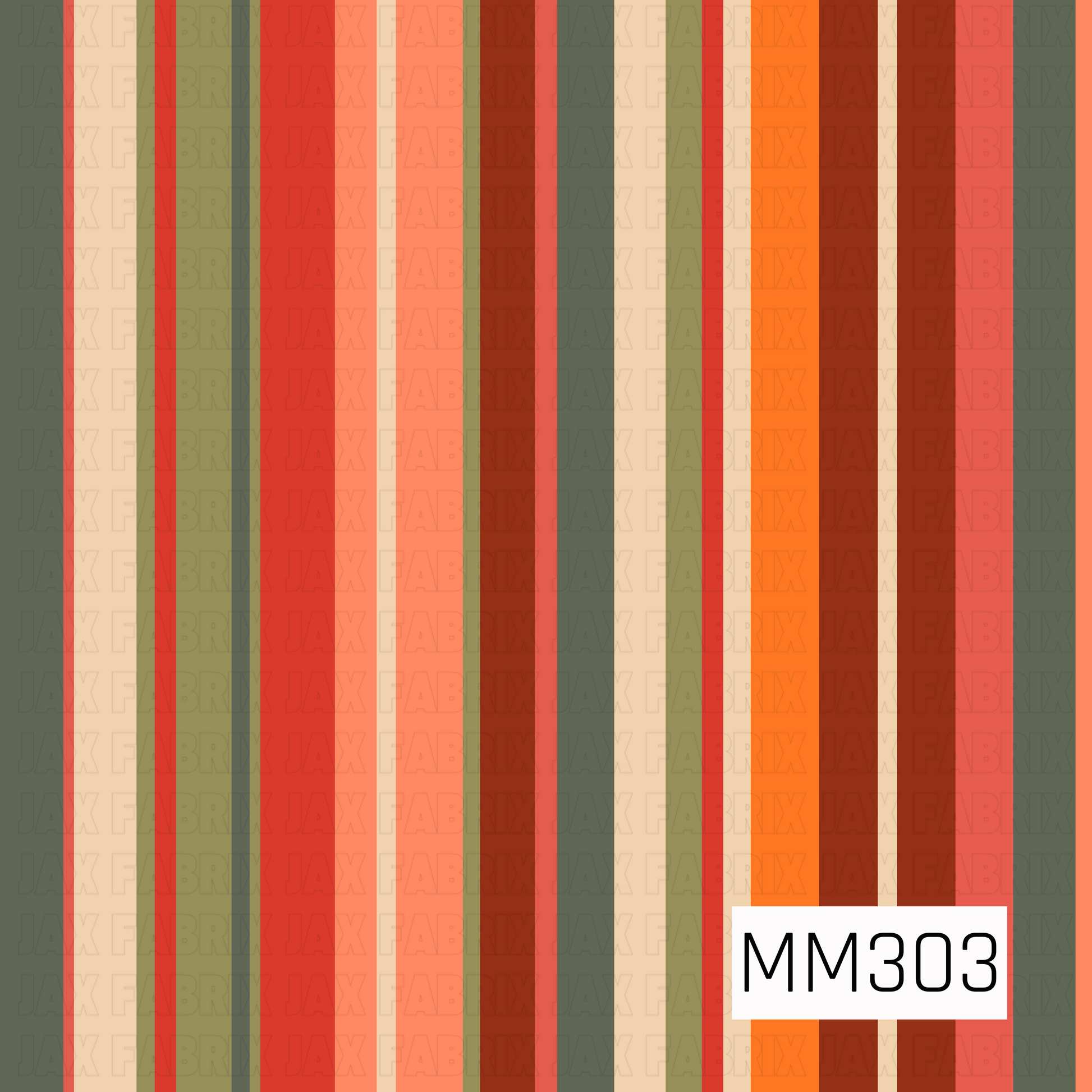 A seamless vertical stripe pattern featuring warm olive green, cream, coral, bright orange, rust, terracotta, and deep brown tones. The varied stripe widths create a bold retro aesthetic, making this a perfect coordinating print for fall, harvest, and Halloween-inspired collections.
