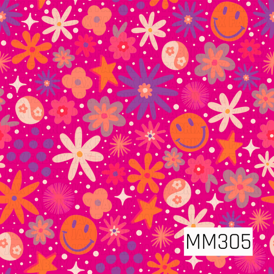 A vibrant seamless pattern featuring cheerful retro flowers, smiley faces, stars, sparkles, and playful polka dots scattered across a bold hot pink background. Filled with shades of orange, coral, lavender, purple, and cream, this whimsical design brings a fun, groovy vibe that's perfect for bright fall, Halloween, and retro-inspired collections.
