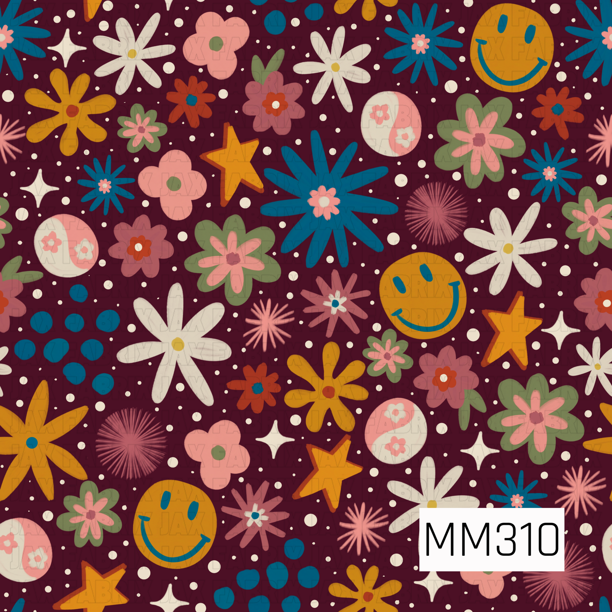 A playful seamless pattern featuring retro flowers, smiley faces, stars, sparkles, and scattered polka dots on a rich plum background. Warm mustard, blush pink, teal, sage green, cream, and coral accents create a cheerful vintage-inspired design with a cozy fall color palette and a fun, nostalgic vibe.
