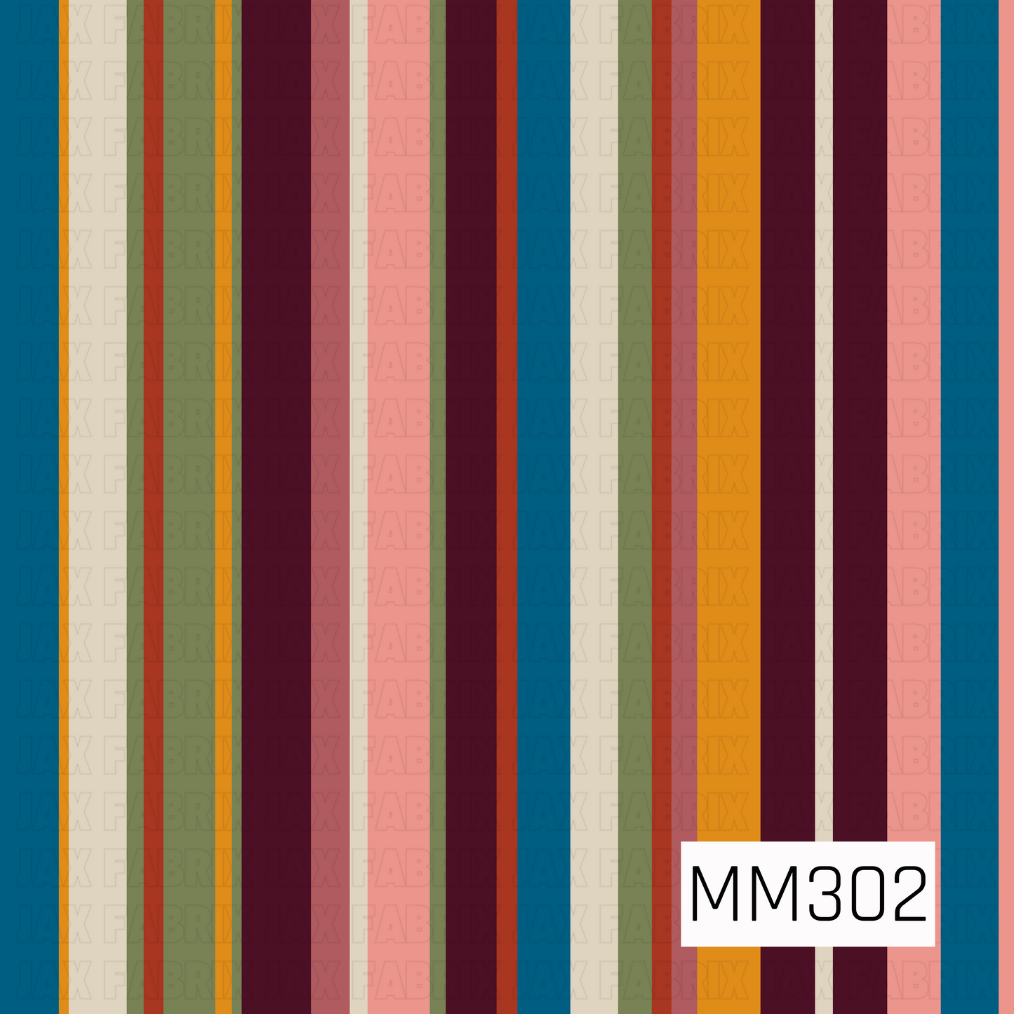 A seamless vertical stripe pattern featuring rich plum, teal, sage green, mustard gold, rust, blush pink, and warm cream tones. The varied stripe widths create a bold retro look, making this a perfect coordinating print for fall, Halloween, and vintage-inspired seasonal collections.
