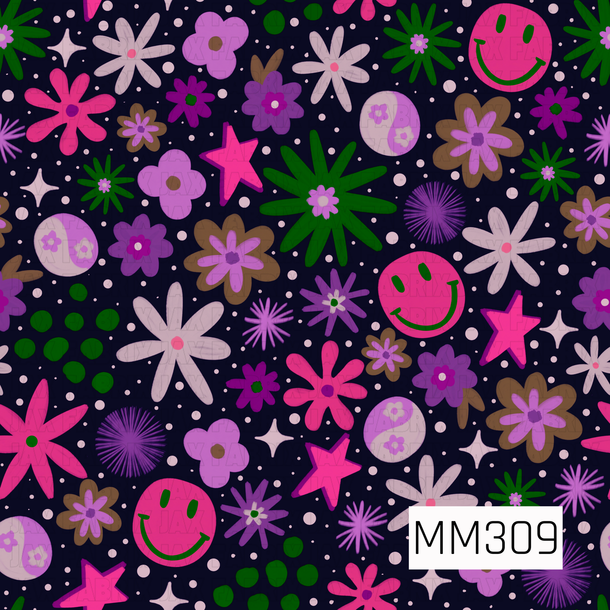 A vibrant seamless pattern featuring retro flowers, smiley faces, stars, sparkles, and playful polka dots scattered across a deep navy background. Bold shades of hot pink, lavender, purple, green, cream, and brown create a fun, groovy aesthetic with a whimsical, dopamine-inspired feel that's perfect for Halloween, fall, and retro-themed collections.
