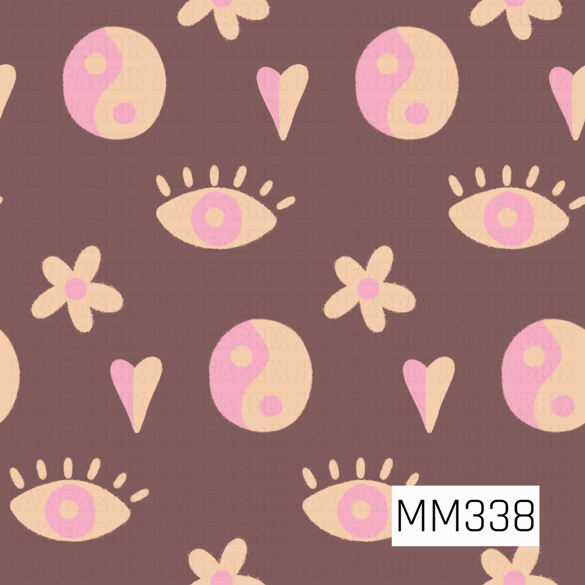 A retro boho seamless pattern featuring yin-yang symbols, hearts, eyes, and simple daisy flowers. Soft pink and creamy peach accents pop against a warm chocolate brown background, giving the design a playful, groovy feel.
