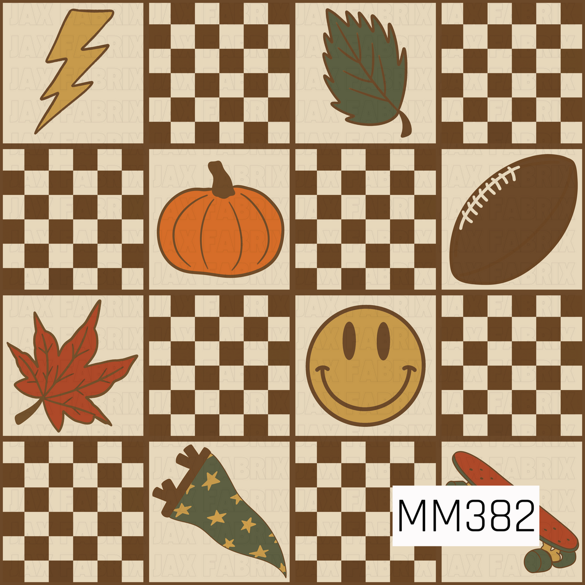 A playful fall patchwork design featuring pumpkins, autumn leaves, a football, lightning bolts, smiley faces, and retro roller skates mixed with brown and cream checkerboard squares. Warm shades of orange, mustard, olive green, and brown give it a fun vintage-inspired autumn feel.
