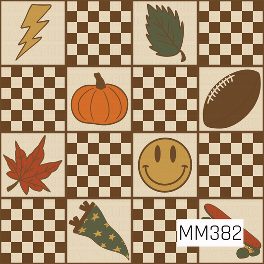 A playful fall patchwork design featuring pumpkins, autumn leaves, a football, lightning bolts, smiley faces, and retro roller skates mixed with brown and cream checkerboard squares. Warm shades of orange, mustard, olive green, and brown give it a fun vintage-inspired autumn feel.
