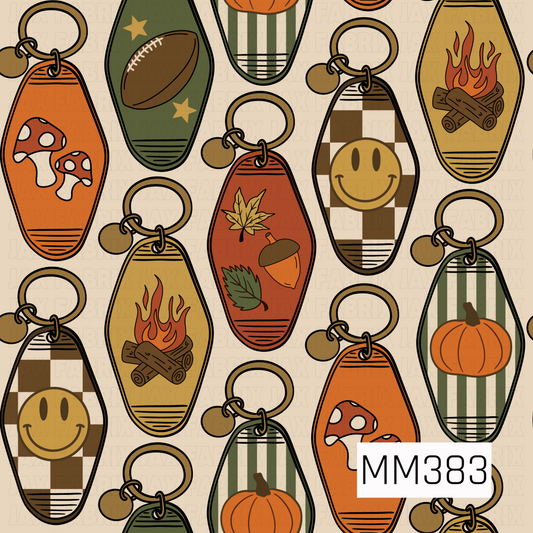 A retro fall pattern featuring vintage motel-style keychains decorated with pumpkins, mushrooms, autumn leaves, acorns, campfires, footballs, smiley faces, and classic stripes. Warm orange, mustard, olive green, cream, and brown tones give the design a playful nostalgic autumn feel.

