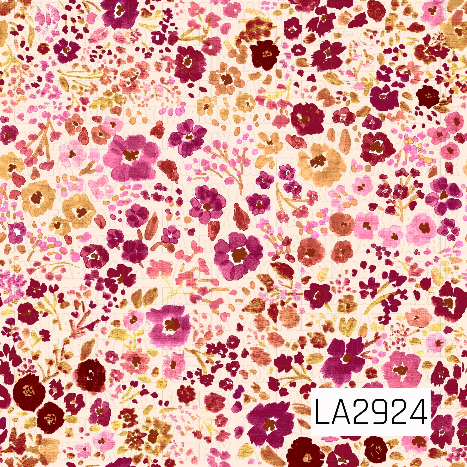 A delicate watercolor floral pattern featuring an abundance of painterly blooms, tiny blossoms, and leafy sprigs in shades of berry, burgundy, mauve, blush pink, dusty rose, and warm golden tan on a soft off-white background. The scattered botanical design and rich autumn-inspired palette create a romantic, vintage feel with timeless charm.
