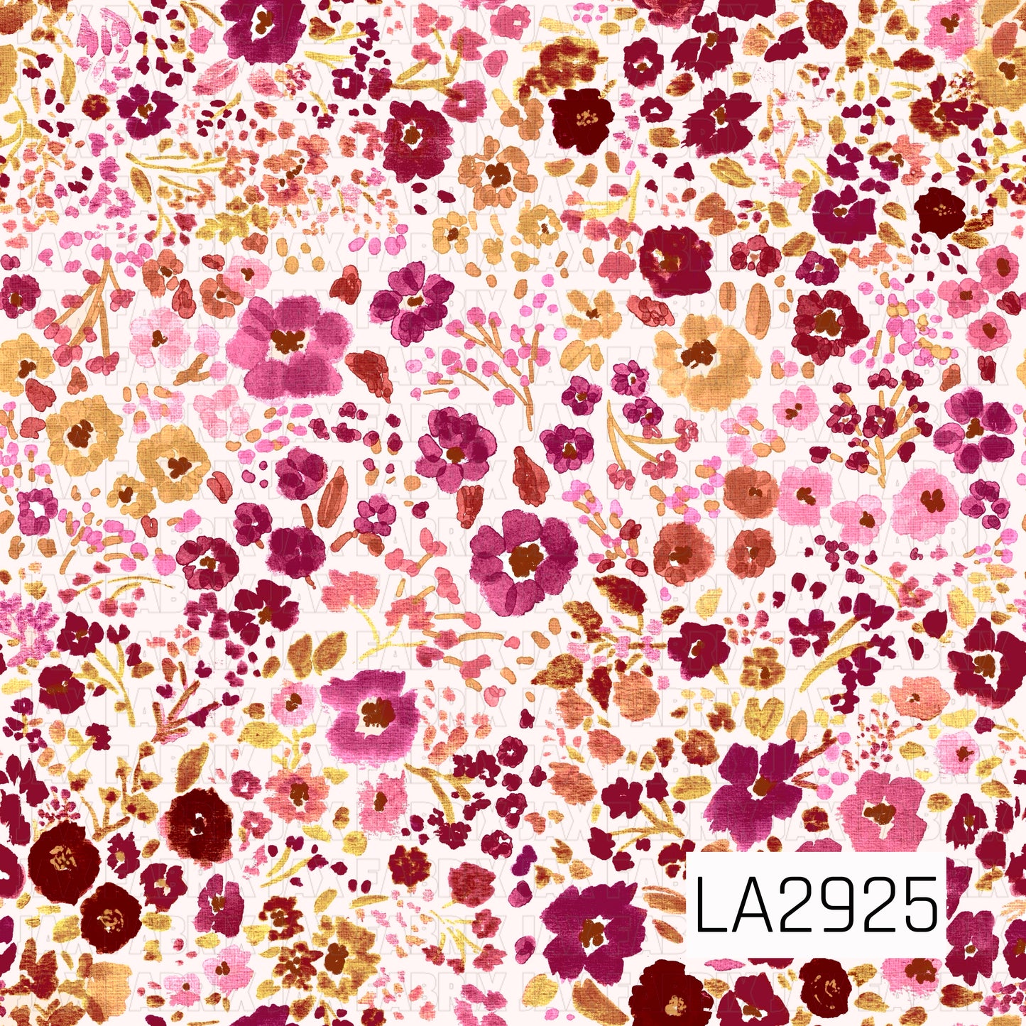 A delicate watercolor floral pattern featuring an abundance of painterly blooms, tiny blossoms, and leafy sprigs in shades of berry, burgundy, mauve, blush pink, dusty rose, and warm golden tan on a soft blush pink background. The scattered botanical design and rich floral palette create a romantic, vintage-inspired look with a warm and elegant feel.
