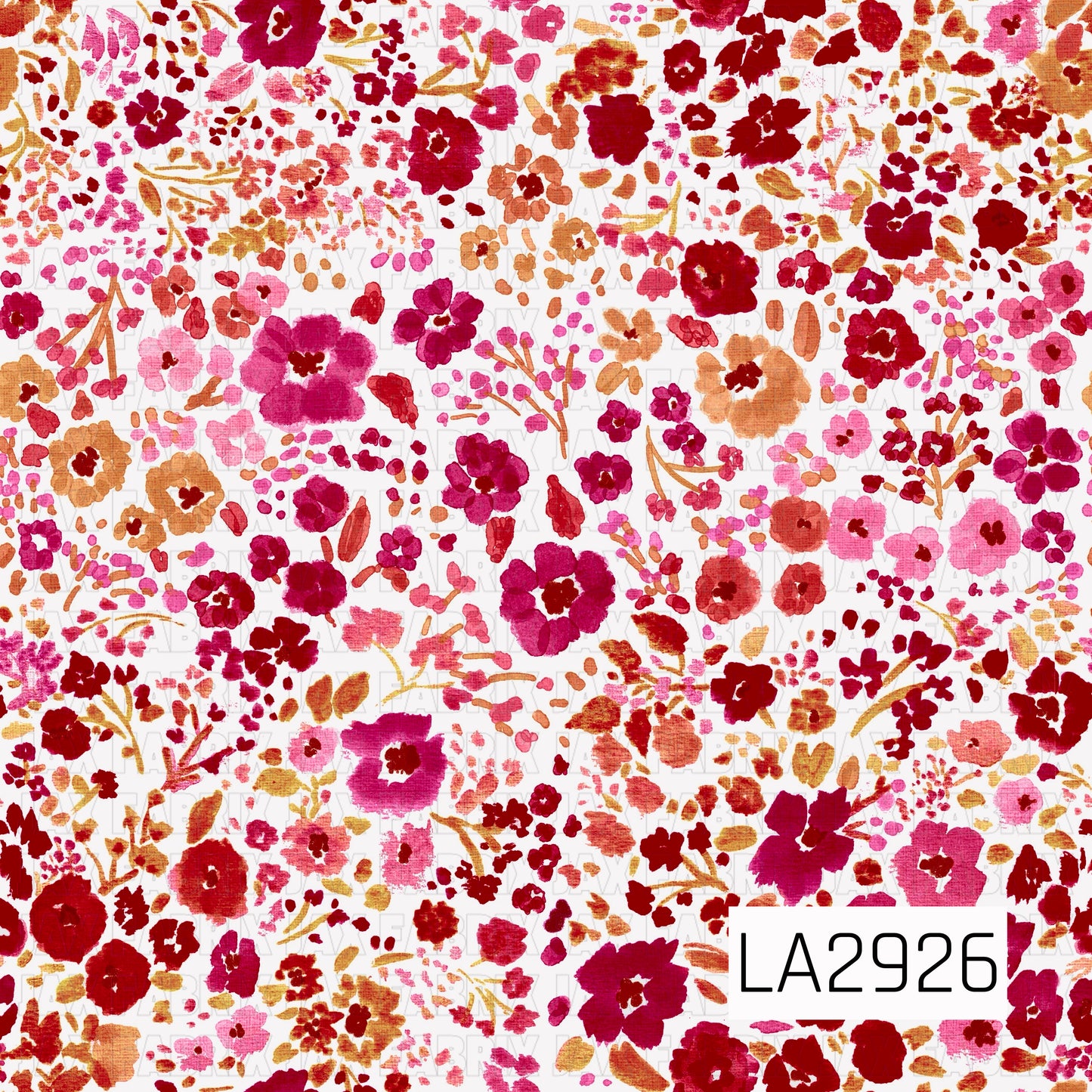 A vibrant watercolor floral pattern featuring an abundance of painterly blooms, tiny blossoms, and leafy sprigs in bold shades of crimson, berry, magenta, fuchsia, coral, and warm golden tan on a crisp white background. The lively botanical arrangement and rich color palette create a fresh, romantic design with timeless vintage-inspired charm.
